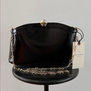 Ted Baker London Aster- Black Leather Clutch with Gold Chain Strap NWT